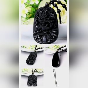 Natural Black Obsidian Hand Carved Dragon Lucky Blessing Beads Pendant Necklace